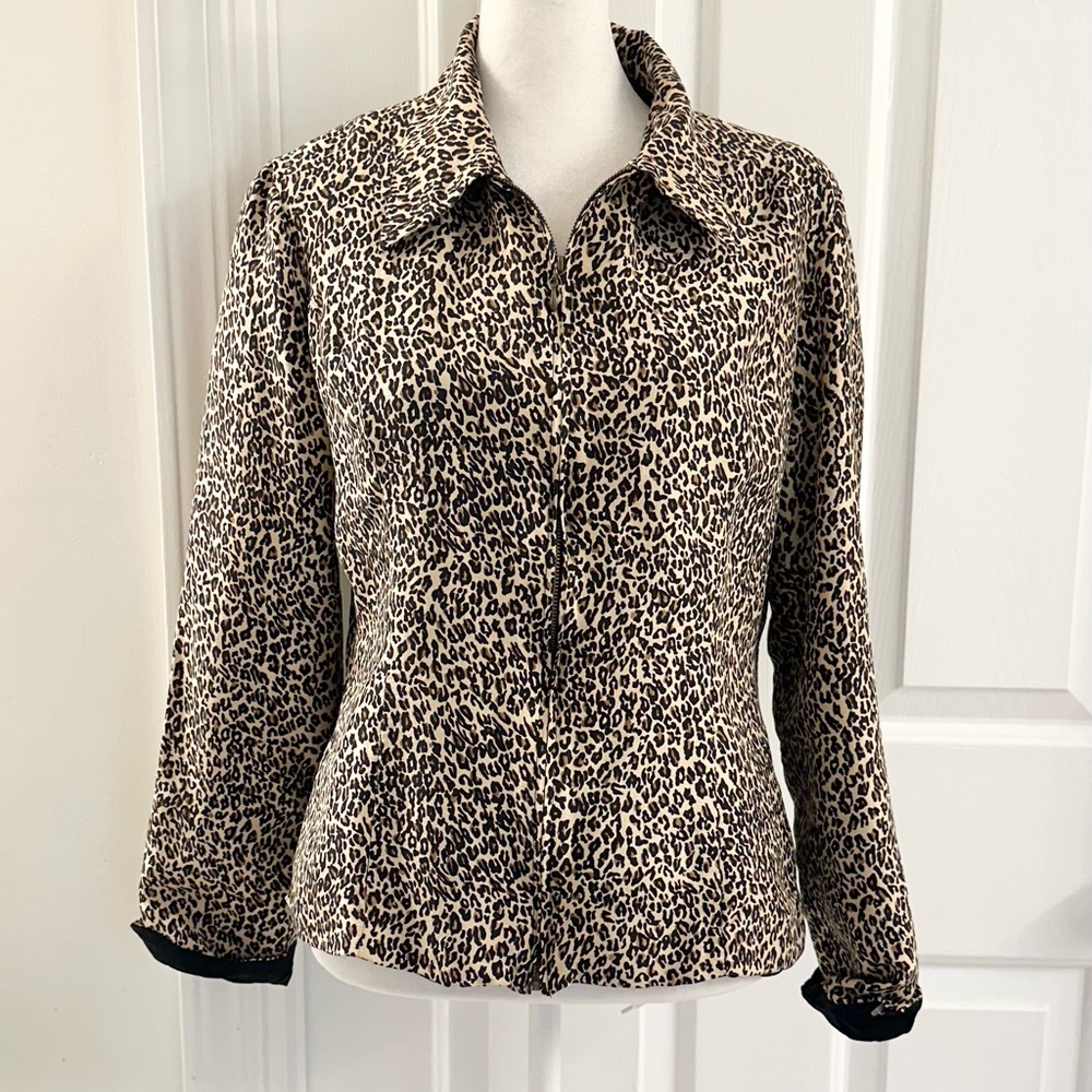 Silkland 100%Silk Jacket Blouse Size 6 Tan/Black/Brown w/Leopard